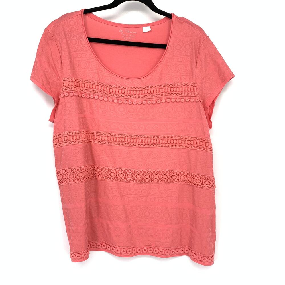 Chicos Short Sleeve Dressy T-Shirt Womens Size 3 US XL Coral Pink Lace Trim